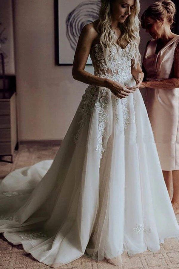 NumberSea A-Line Sweetheart Sweep Train Wedding Dress with Appliques Beading, MW309