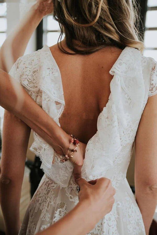 NumberSea A-line V Back Lace Cap Sleeves Beach Wedding Dresses, Bridal Gowns, MW841