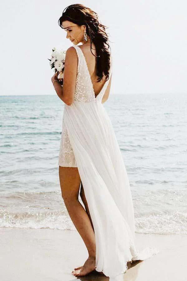 NumberSea A-line V-neck Detachable Train Summer Bridal Gown, Beach Wedding Dress, MW740