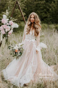 NumberSea A-line V-neck Long Sleeves Beach Wedding Dresses With Lace Appliques, MW865