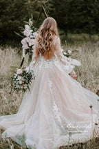 NumberSea A-line V-neck Long Sleeves Beach Wedding Dresses With Lace Appliques, MW865