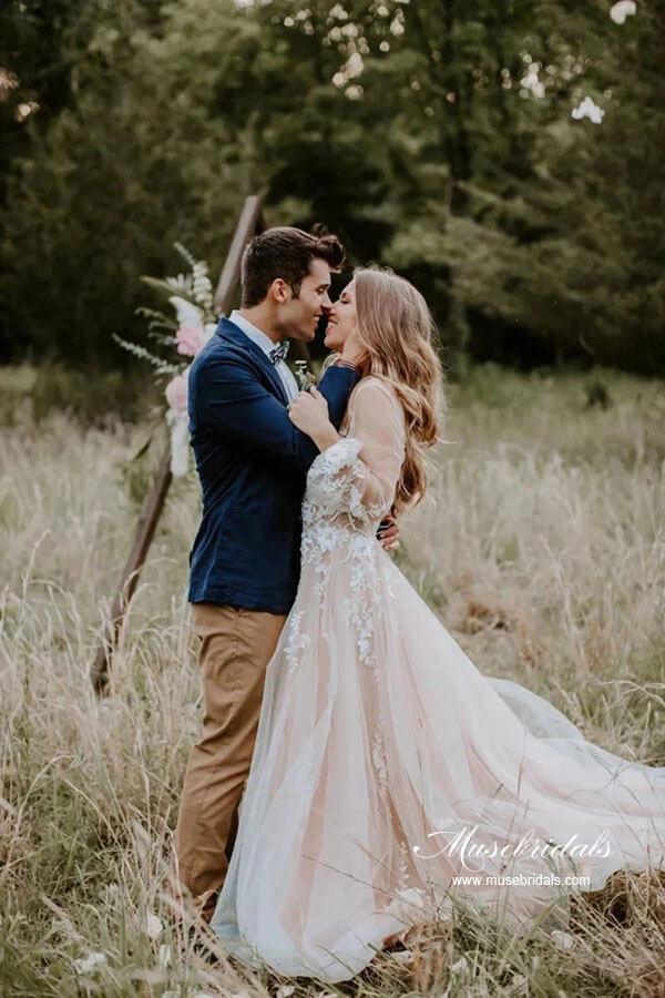 NumberSea A-line V-neck Long Sleeves Beach Wedding Dresses With Lace Appliques, MW865
