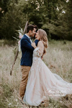 NumberSea A-line V-neck Long Sleeves Beach Wedding Dresses With Lace Appliques, MW865