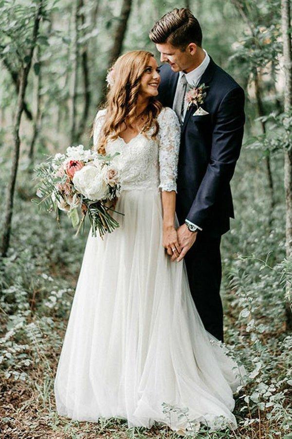 NumberSea A-line V-neck Open Back Half Sleeves Long Wedding Dresses, Fairy Wedding Dresses,MW409