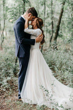 NumberSea A-line V-neck Open Back Half Sleeves Long Wedding Dresses, Fairy Wedding Dresses,MW409