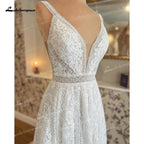 NumberSea A Line Wedding Dresses Sexy V Neck Lace Appliques Spaghetti Straps For Women Bridal Gown Sweep Vestidos De Novia
