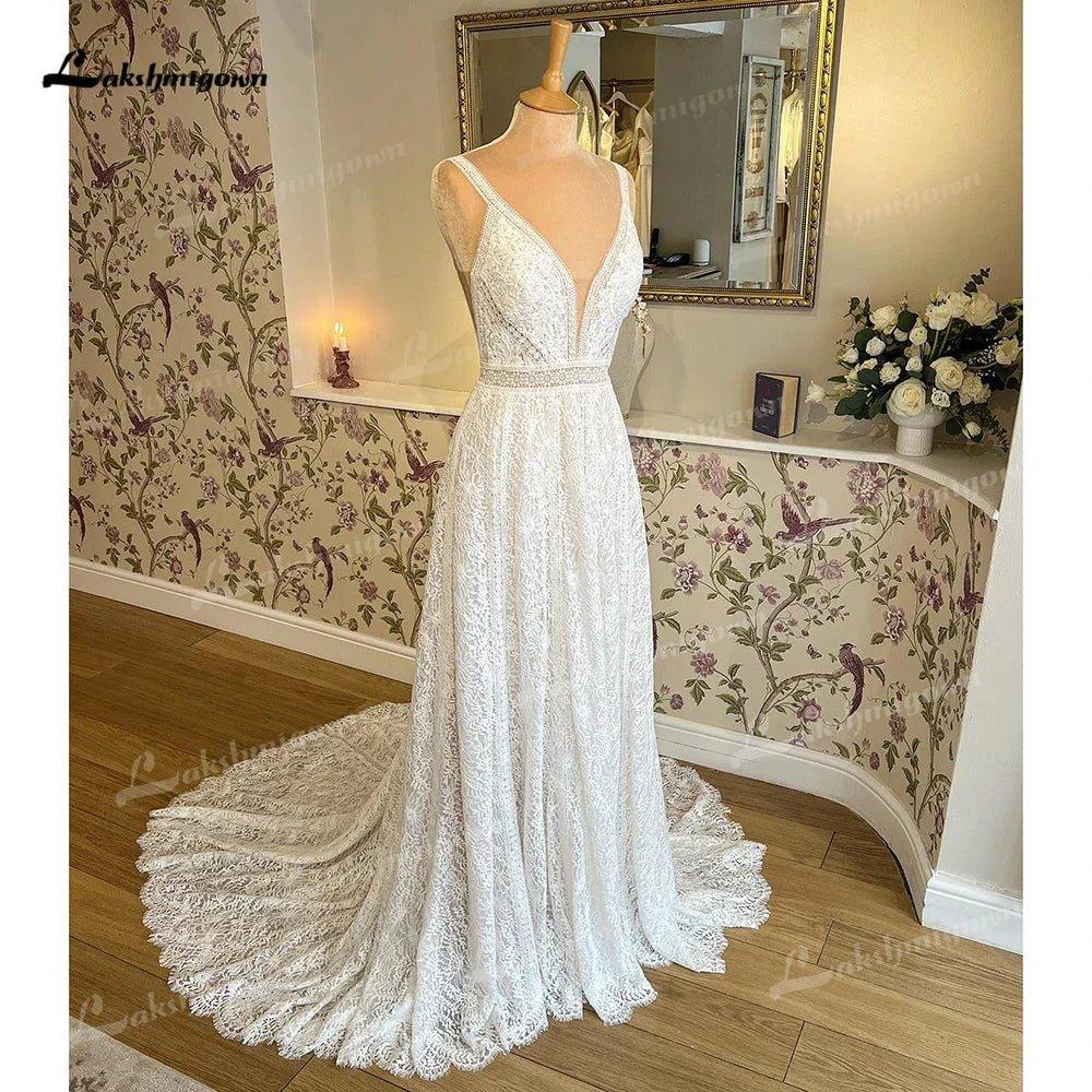 NumberSea A Line Wedding Dresses Sexy V Neck Lace Appliques Spaghetti Straps For Women Bridal Gown Sweep Vestidos De Novia