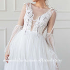 NumberSea A-Line Wedding Dresses Strapless Lace Taffeta Tulle Sleeveless