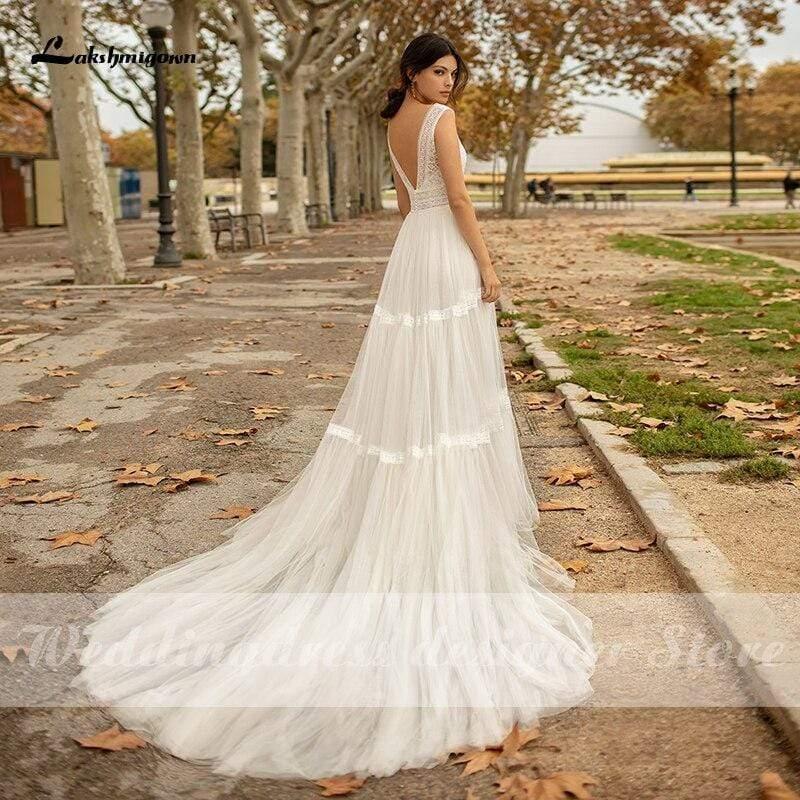 NumberSea A Line Wedding Dresses V Neck Beach Bohemian