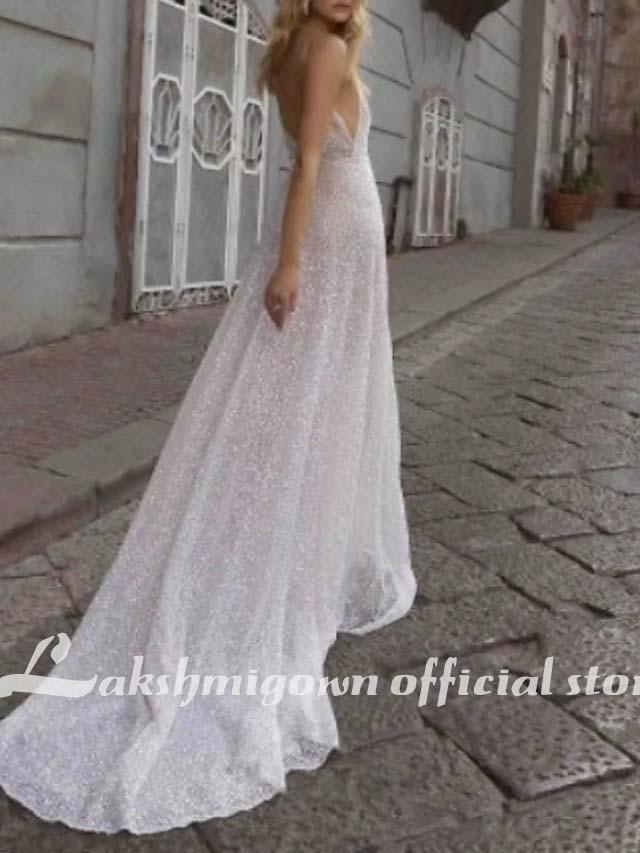 NumberSea A-Line Wedding Dresses V Neck Spaghetti Strap Boho