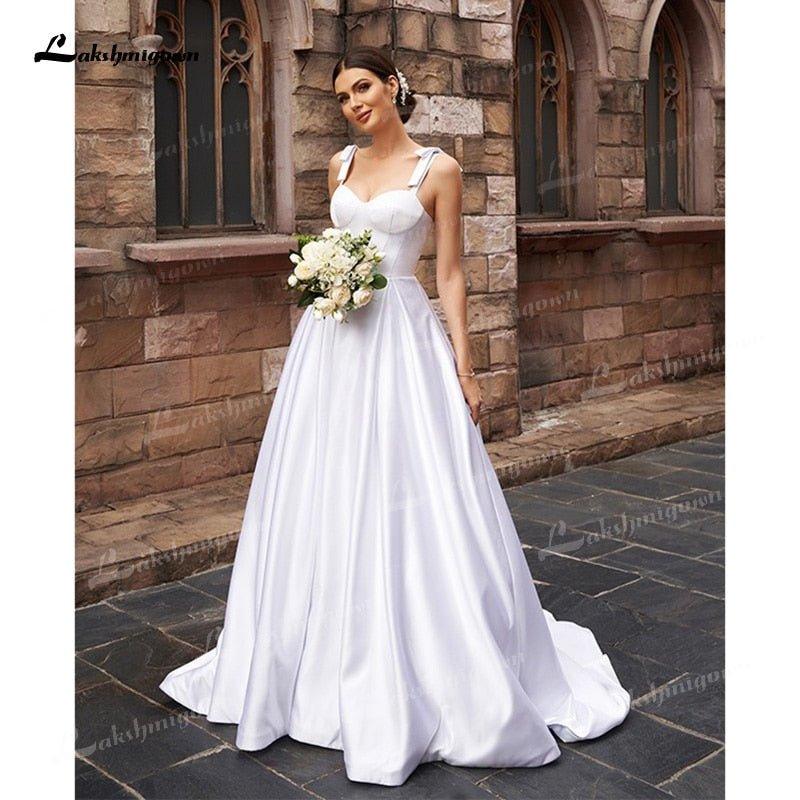NumberSea A-Line/Princess Soft Satin Wedding Dresses Low Sweetheart Neck Ruffles Straps Sleeveless Sweep/Brush Train Simple Bride Gown