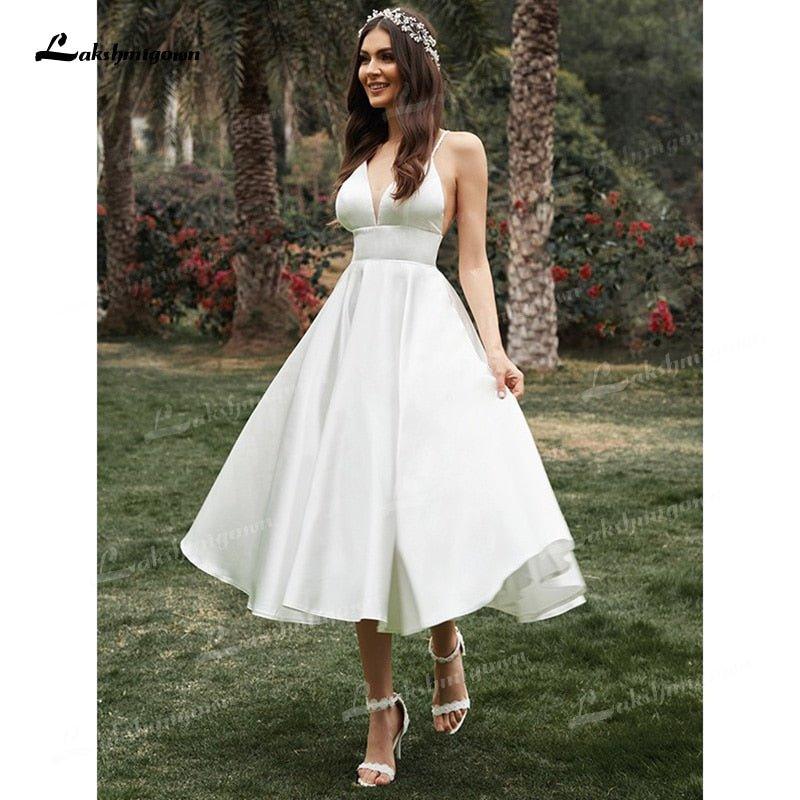 NumberSea A-Line/Princess Spaghetti Strap Wedding Dress Ruffles V-neck Sleeveless Soft Satin Tea-Length Backless Simple vestidos de novia