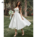 NumberSea A-Line/Princess Spaghetti Strap Wedding Dress Ruffles V-neck Sleeveless Soft Satin Tea-Length Backless Simple vestidos de novia