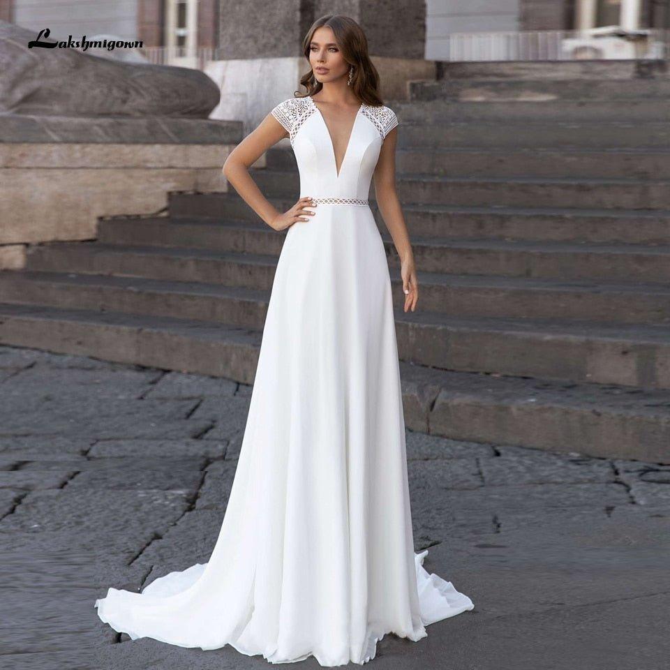 NumberSea Abiti Donna Modest Bridal A Line Wedding Dress Summer 2021 Simple V-neck Backless Beach Wedding Dresses Long Train Lakshmigown