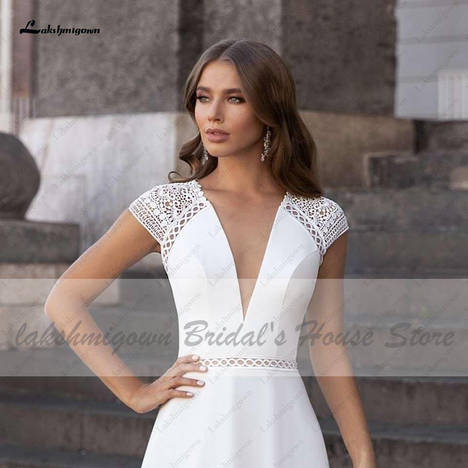 NumberSea Abiti Donna Modest Bridal A Line Wedding Dress Summer 2021 Simple V-neck Backless Beach Wedding Dresses Long Train Lakshmigown