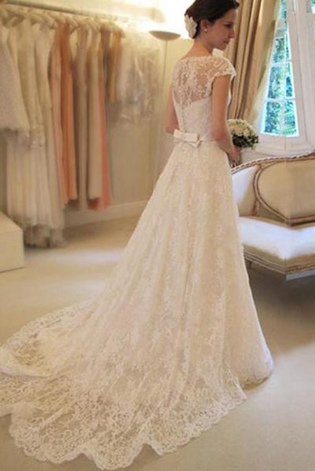 NumberSea Affordable Cap Sleeve Lace A Line Wedding Dresses, Long Wedding Gowns, Bridal Dress, MW113