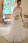 NumberSea Affordable Cap Sleeve Lace A Line Wedding Dresses, Long Wedding Gowns, Bridal Dress, MW113