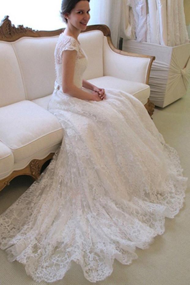 NumberSea Affordable Cap Sleeve Lace A Line Wedding Dresses, Long Wedding Gowns, Bridal Dress, MW113