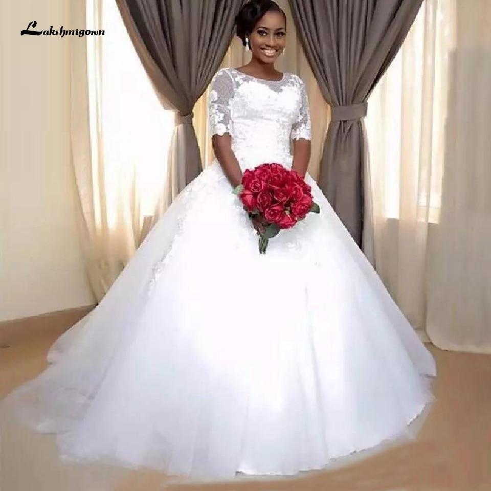 NumberSea African Wedding Dress Lace Up Back Half Sleeves