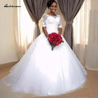 NumberSea African Wedding Dress Lace Up Back Half Sleeves