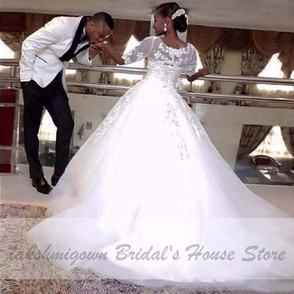 NumberSea African Wedding Dress Lace Up Back Half Sleeves