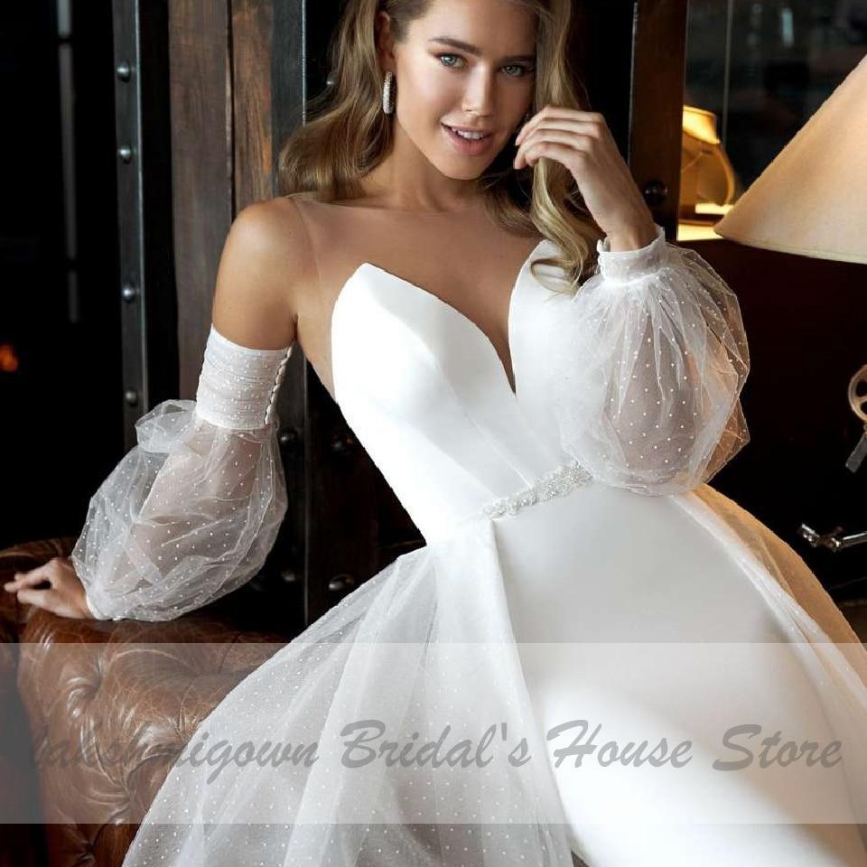 NumberSea African White Satin Mermaid Wedding Dress 2 in 1Puffy Sleeves