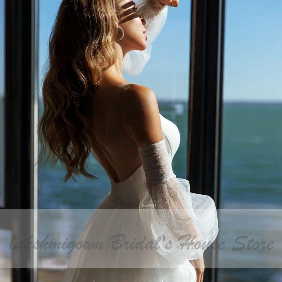 NumberSea African White Satin Mermaid Wedding Dress 2 in 1Puffy Sleeves