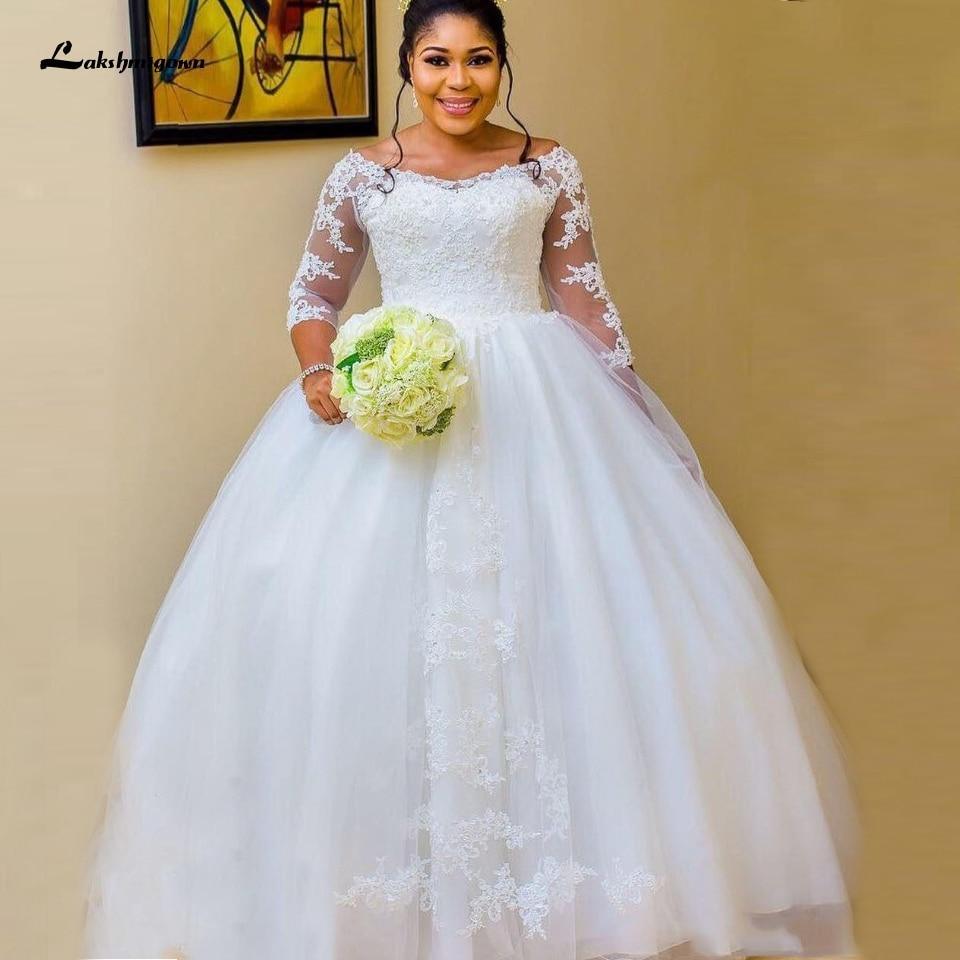 NumberSea African White Wedding Gowns with Sleeves Plus Size Wedding Dress
