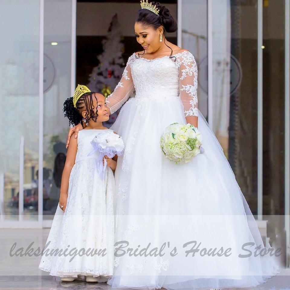 NumberSea African White Wedding Gowns with Sleeves Plus Size Wedding Dress