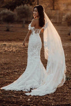 NumberSea Amazing Mermaid Off the shoulder Tull Applique Rustic Wedding Dress,MW504