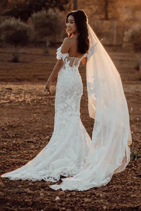 NumberSea Amazing Mermaid Off the shoulder Tull Applique Rustic Wedding Dress,MW504