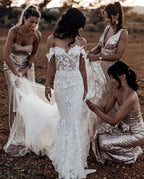 NumberSea Amazing Mermaid Off the shoulder Tull Applique Rustic Wedding Dress,MW504