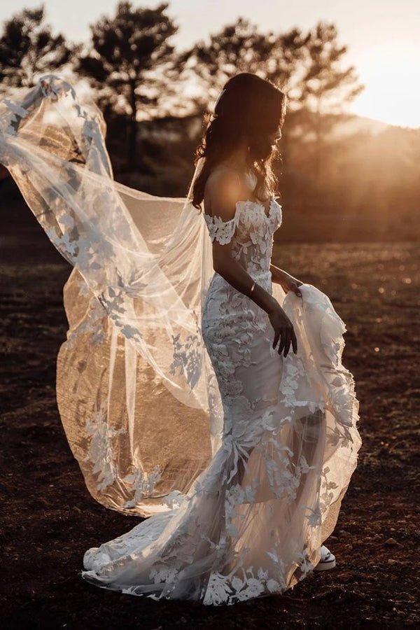 NumberSea Amazing Mermaid Off the shoulder Tull Applique Rustic Wedding Dress,MW504
