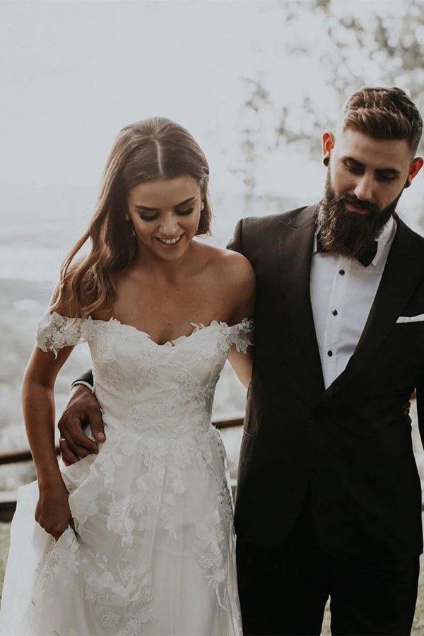 NumberSea Appliqued Tulle Wedding Dresses Sweep Train A-line Long Bridal Gowns,MW455