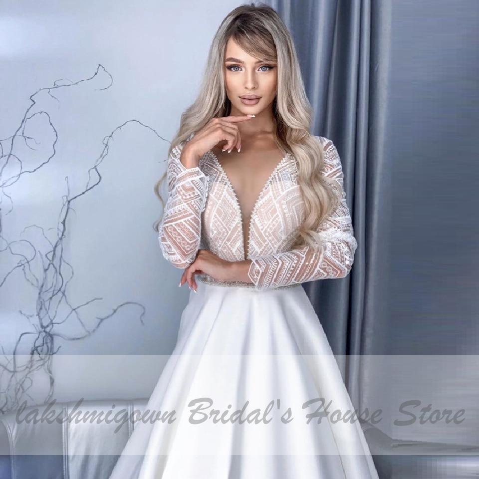 NumberSea Arabic Women Satin Long Sleeve Wedding Dress