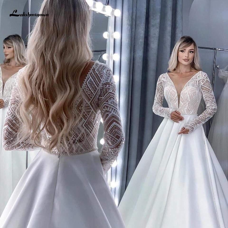 NumberSea Arabic Women Satin Long Sleeve Wedding Dress