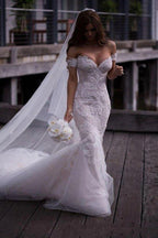 NumberSea Attractive Off Shoulder Lace Mermaid Long Wedding Dress with Appliques, MW118