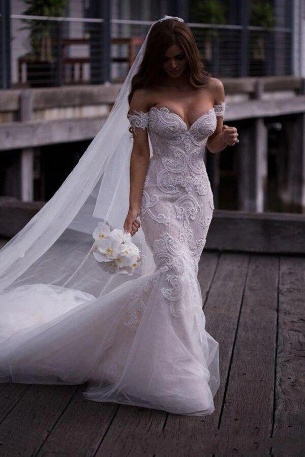 NumberSea Attractive Off Shoulder Lace Mermaid Long Wedding Dress with Appliques, MW118