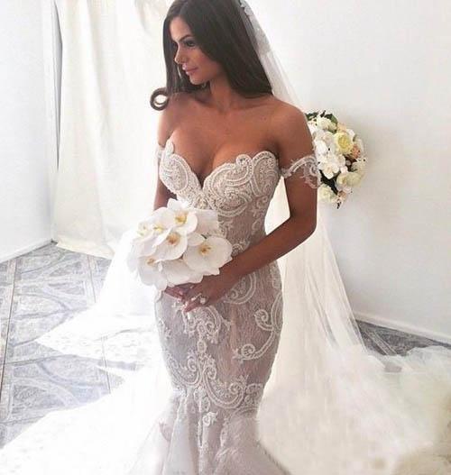 NumberSea Attractive Off Shoulder Lace Mermaid Long Wedding Dress with Appliques, MW118