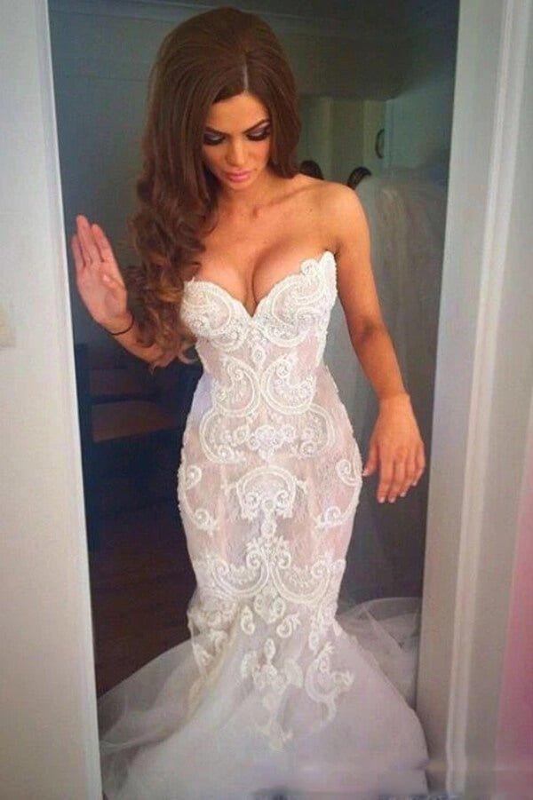 NumberSea Attractive Off Shoulder Lace Mermaid Long Wedding Dress with Appliques, MW118