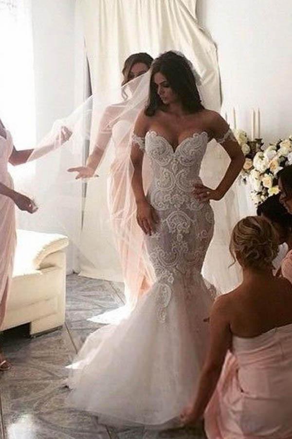 NumberSea Attractive Off Shoulder Lace Mermaid Long Wedding Dress with Appliques, MW118