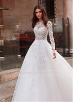 NumberSea Attractive Tulle Jewel Neckline See-through Bodice A-line Wedding Dress With Lace Appliques & Beadings Long Sleeves Bridal Dress
