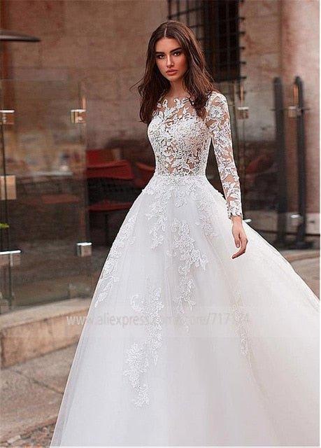 NumberSea Attractive Tulle Jewel Neckline See-through Bodice A-line Wedding Dress With Lace Appliques & Beadings Long Sleeves Bridal Dress