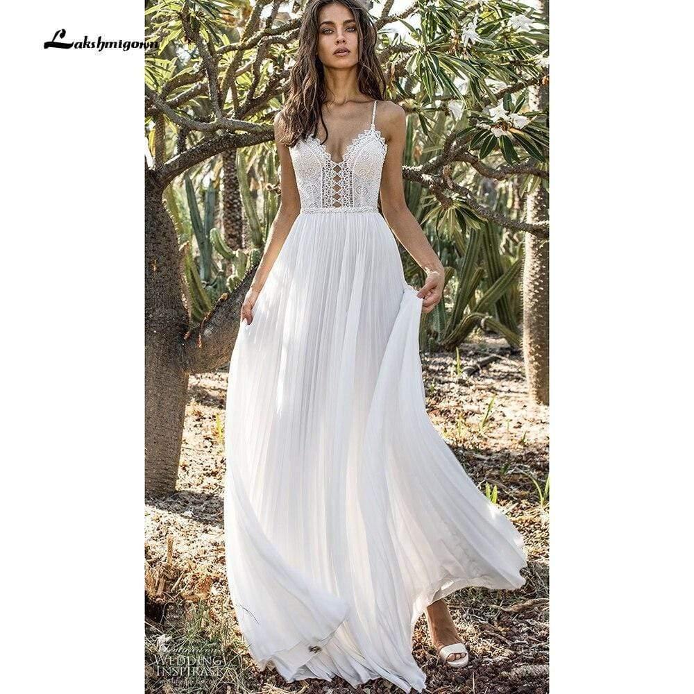 NumberSea Back Open V Neck Lace Chiffon Wedding Dresses