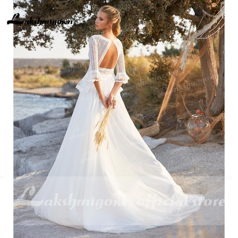 NumberSea Backless Bohemian style Three Quarter Wedding Dresses