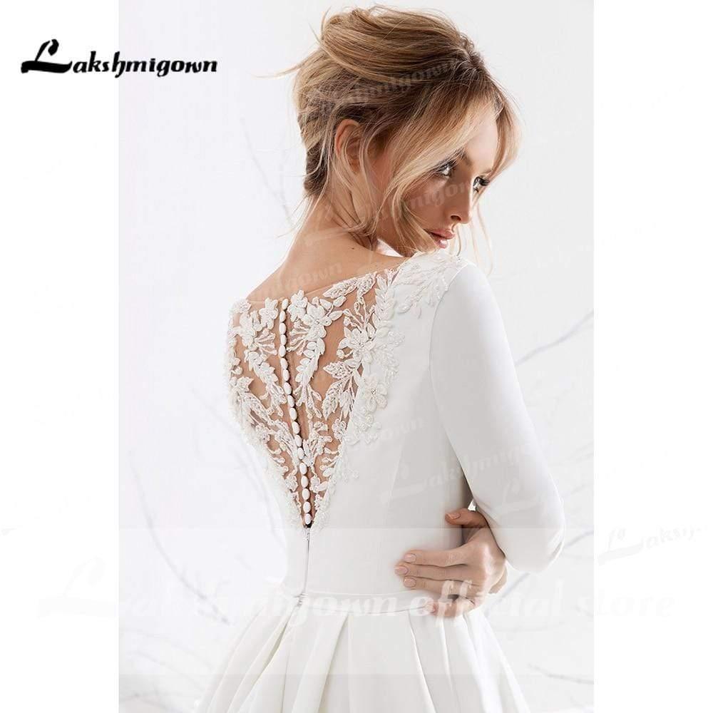 NumberSea Backless O Neck Lace Beads Satin Simple Wedding Dresses