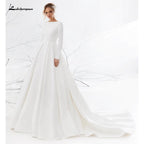 NumberSea Backless O Neck Lace Beads Satin Simple Wedding Dresses