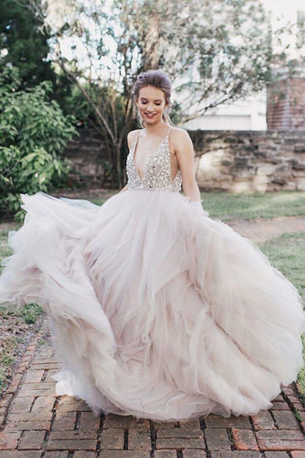 NumberSea Ball Gown Beaded Bodice Deep V-neck Wedding Dresses, Bridal Gown, MW622