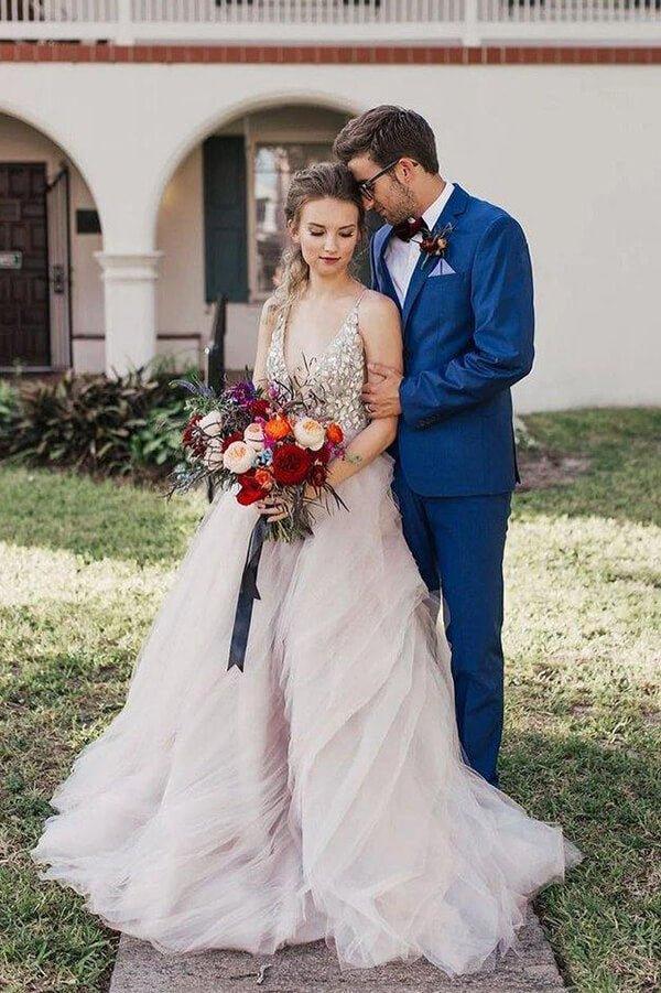 NumberSea Ball Gown Beaded Bodice Deep V-neck Wedding Dresses, Bridal Gown, MW622