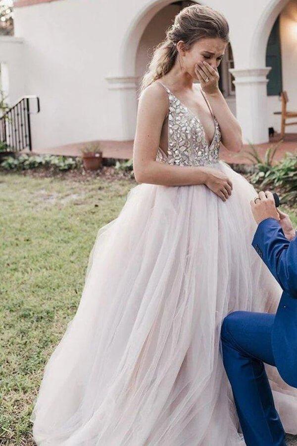 NumberSea Ball Gown Beaded Bodice Deep V-neck Wedding Dresses, Bridal Gown, MW622